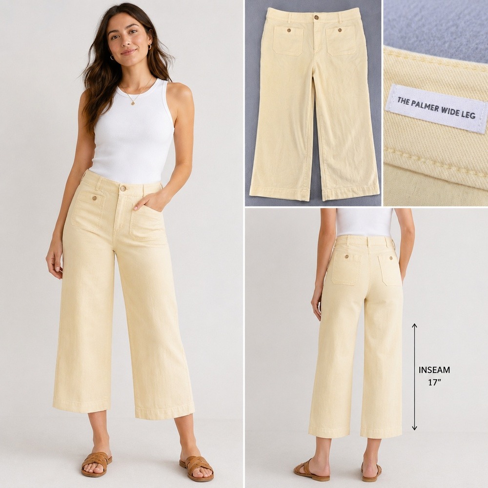 Loft Palmer Wide Leg Crop Pants Yellow Pastel Denim Utility Capris Size 12P EUC